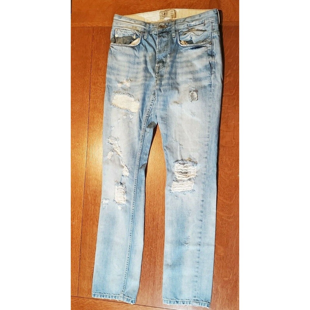Zara Man Jeans Button Fly Distressed Holes Light Blue - Men Size‎ 29"W x 31"L - Picture 3 of 7